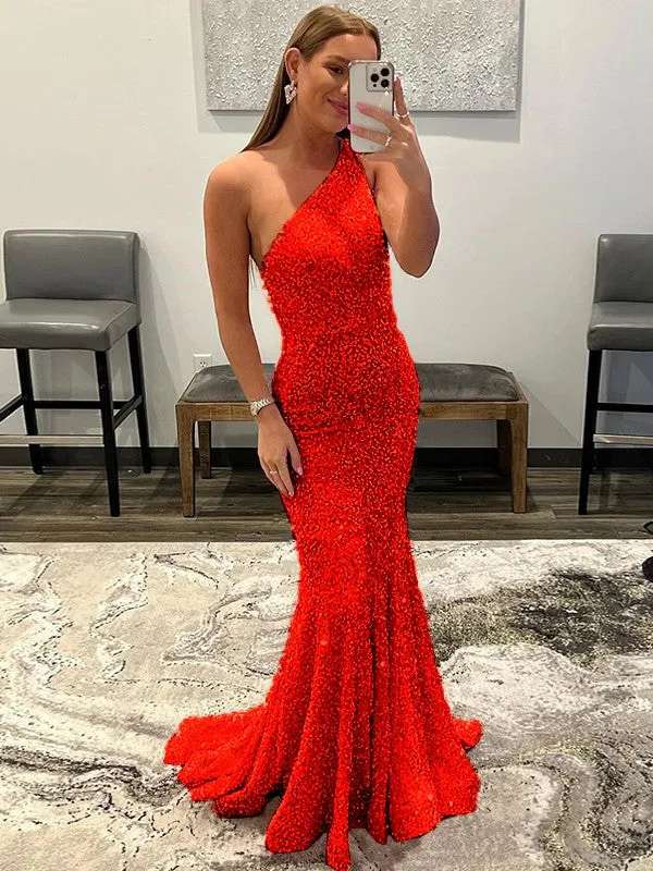 Pink Sheath One Shoulder Sleeveless Long Sweep Train Velvet Sequin Prom Dress (AF1004)