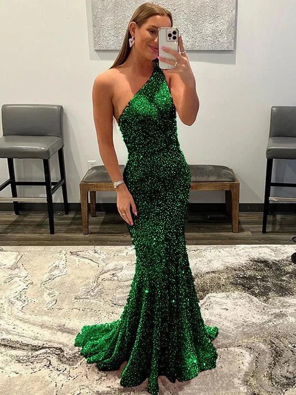 Pink Sheath One Shoulder Sleeveless Long Sweep Train Velvet Sequin Prom Dress (AF1004)