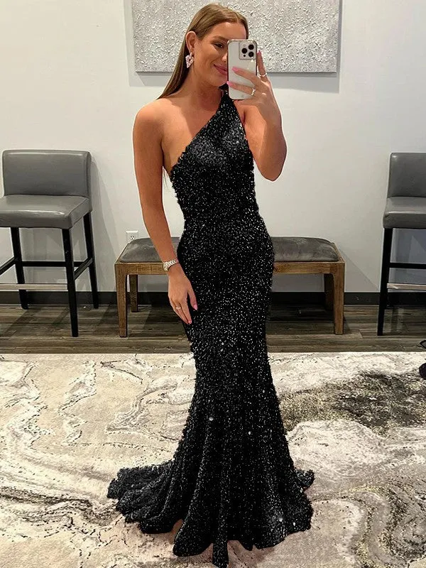 Pink Sheath One Shoulder Sleeveless Long Sweep Train Velvet Sequin Prom Dress (AF1004)