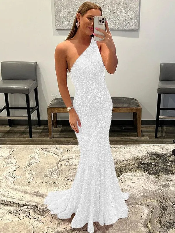 Pink Sheath One Shoulder Sleeveless Long Sweep Train Velvet Sequin Prom Dress (AF1004)