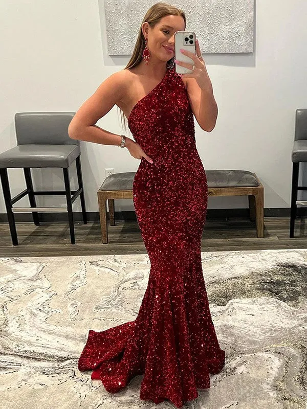 Pink Sheath One Shoulder Sleeveless Long Sweep Train Velvet Sequin Prom Dress (AF1004)