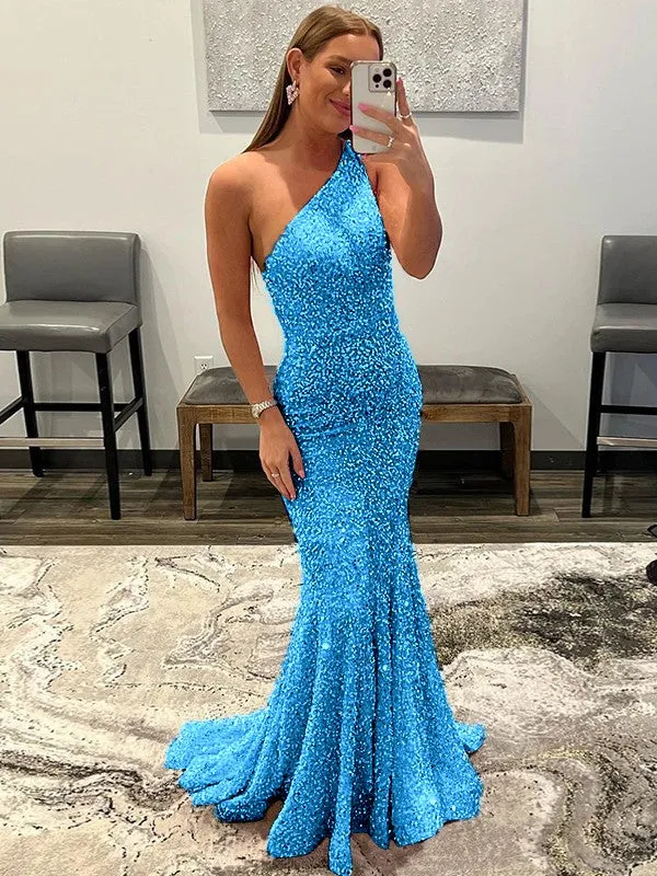 Pink Sheath One Shoulder Sleeveless Long Sweep Train Velvet Sequin Prom Dress (AF1004)