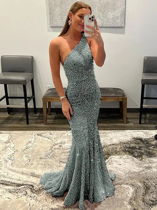 Pink Sheath One Shoulder Sleeveless Long Sweep Train Velvet Sequin Prom Dress (AF1004)
