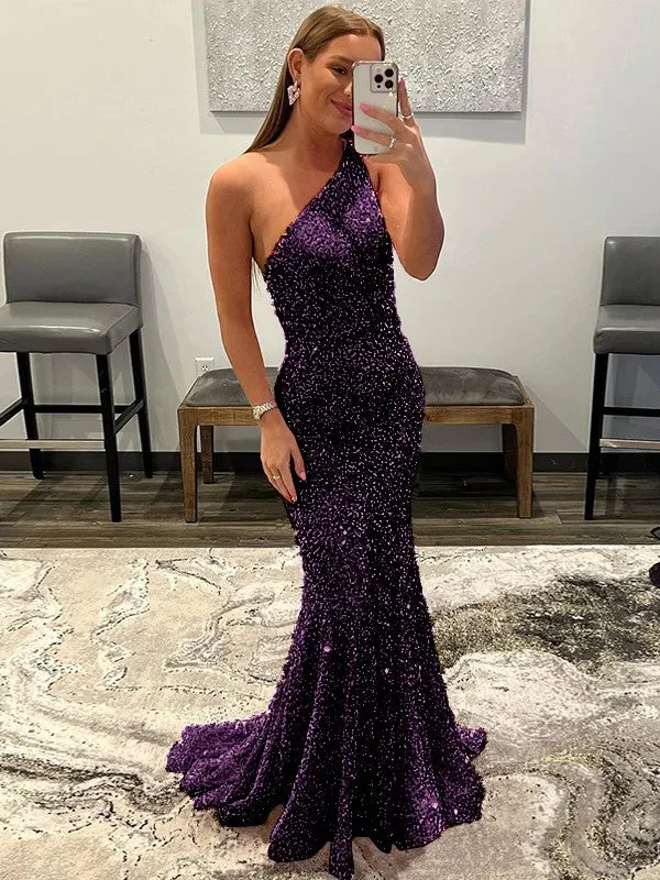 Pink Sheath One Shoulder Sleeveless Long Sweep Train Velvet Sequin Prom Dress (AF1004)