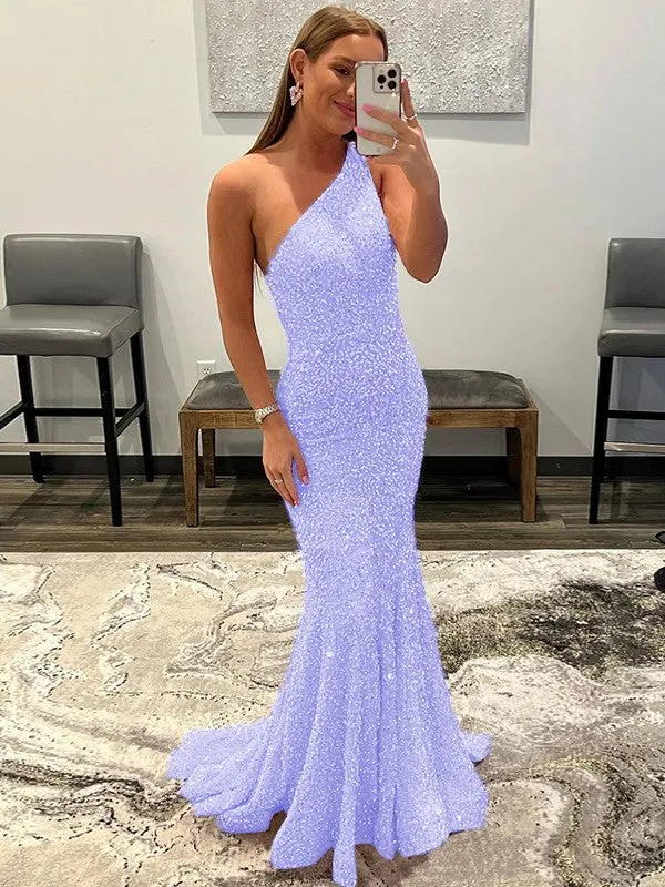 Pink Sheath One Shoulder Sleeveless Long Sweep Train Velvet Sequin Prom Dress (AF1004)