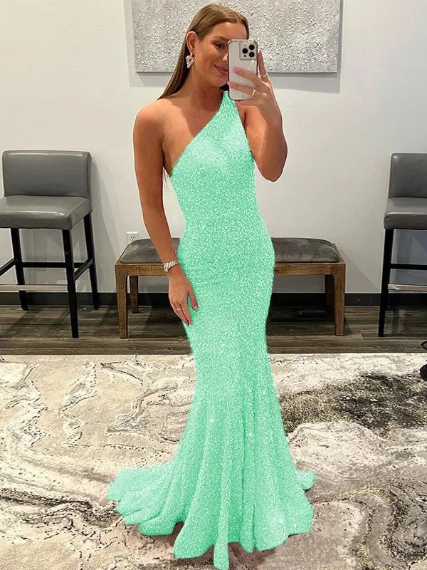 Pink Sheath One Shoulder Sleeveless Long Sweep Train Velvet Sequin Prom Dress (AF1004)