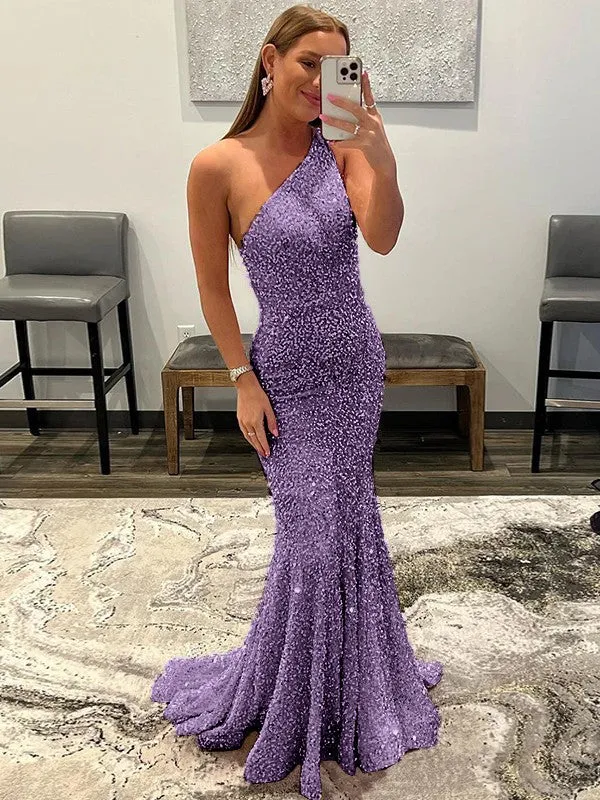 Pink Sheath One Shoulder Sleeveless Long Sweep Train Velvet Sequin Prom Dress (AF1004)