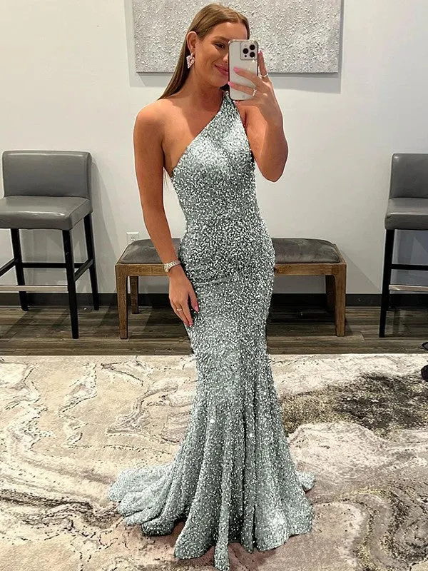 Pink Sheath One Shoulder Sleeveless Long Sweep Train Velvet Sequin Prom Dress (AF1004)