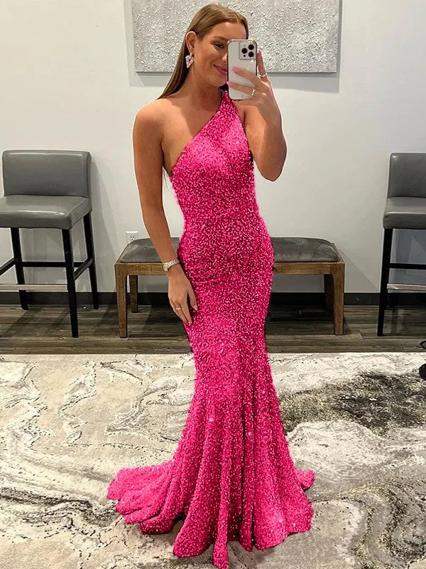 Pink Sheath One Shoulder Sleeveless Long Sweep Train Velvet Sequin Prom Dress (AF1004)