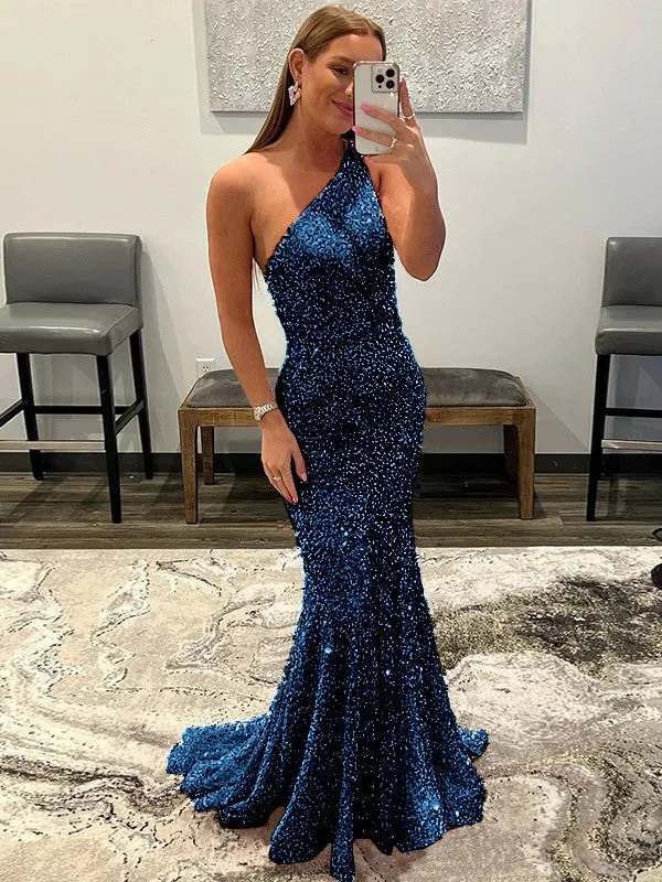 Pink Sheath One Shoulder Sleeveless Long Sweep Train Velvet Sequin Prom Dress (AF1004)