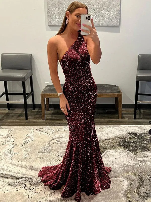Pink Sheath One Shoulder Sleeveless Long Sweep Train Velvet Sequin Prom Dress (AF1004)