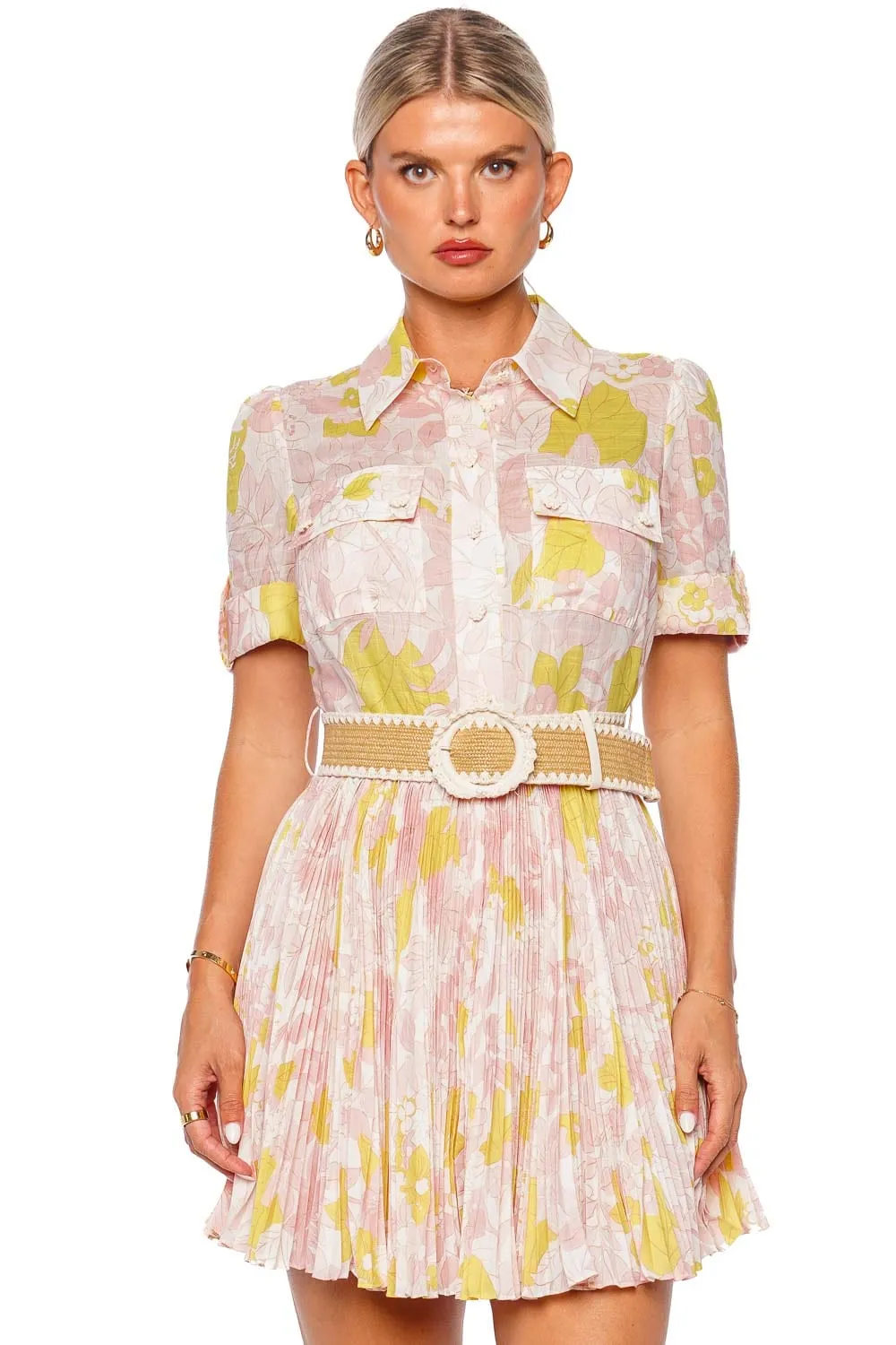 Pop Pleated Floral Belted Mini Dress