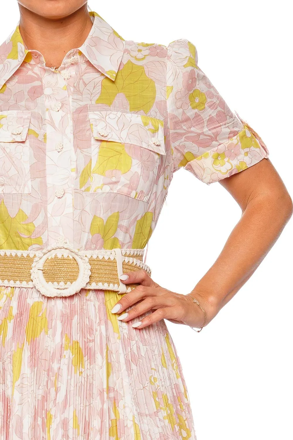 Pop Pleated Floral Belted Mini Dress