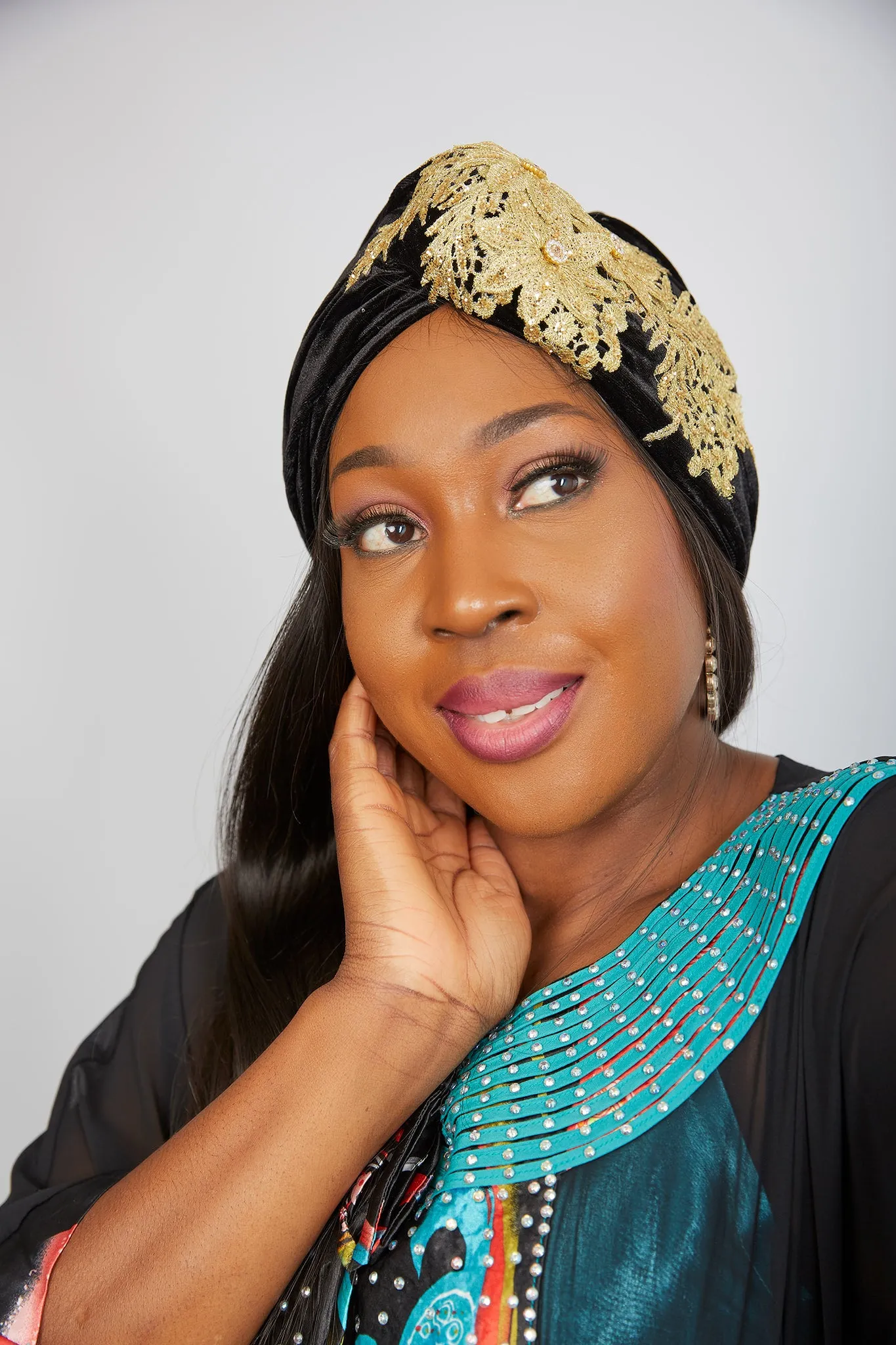 Pre made Ready to Wear Black Velvet Turban Cap - Abike