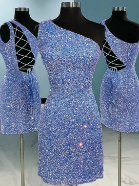 Sheath One Shoulder Sleeveless Short Velvet Sequin Prom Dress (AF1018)