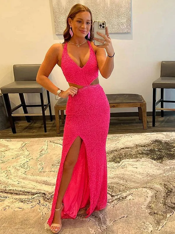Sheath V-Neck Sleeveless Long Sweep Train Velvet Sequin Prom Dress (AF1030)