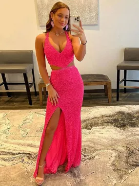 Sheath V-Neck Sleeveless Long Sweep Train Velvet Sequin Prom Dress (AF1030)