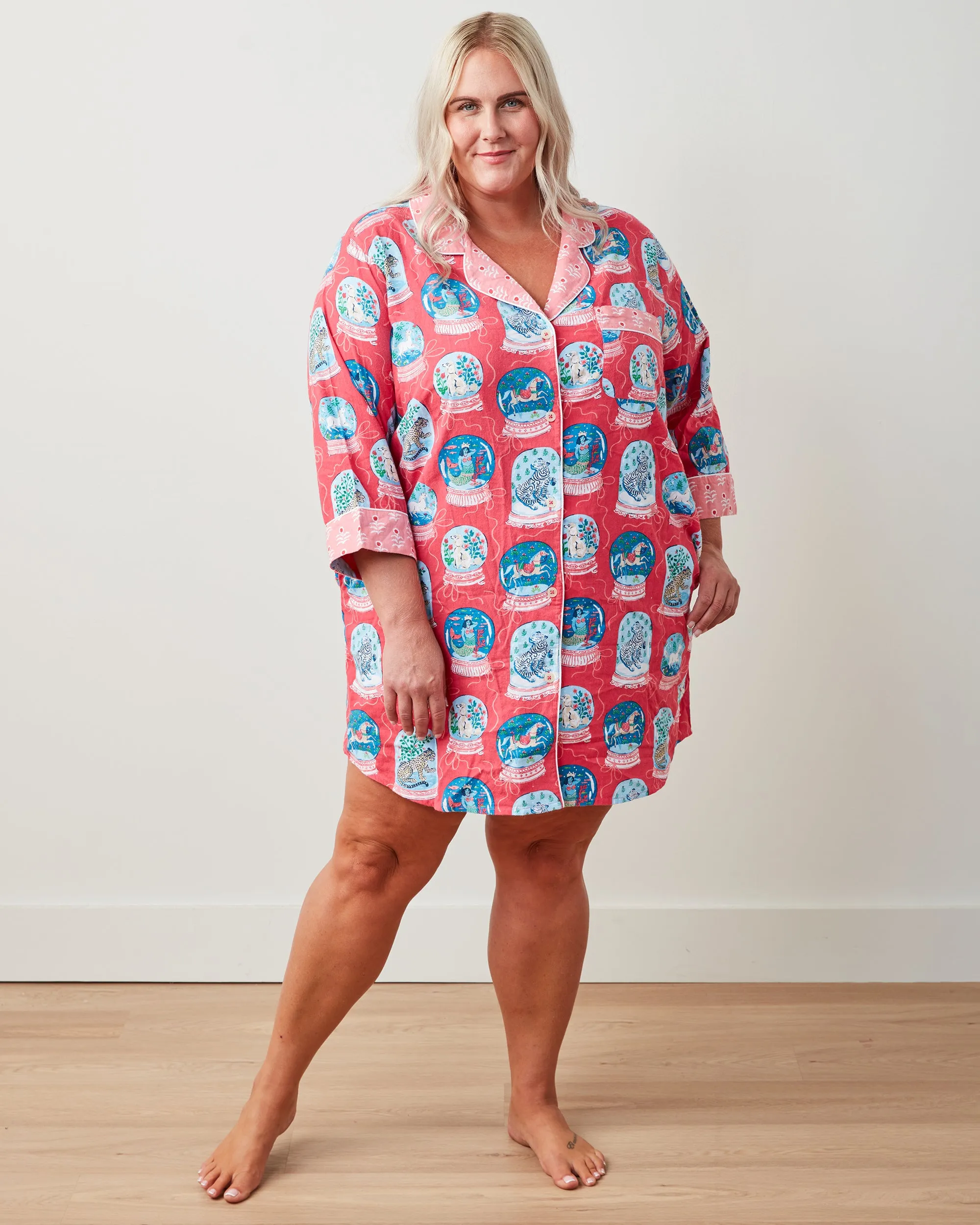 Snow Globe Magic - Lightweight Flannel Sleep Shirt - Red Ribbon