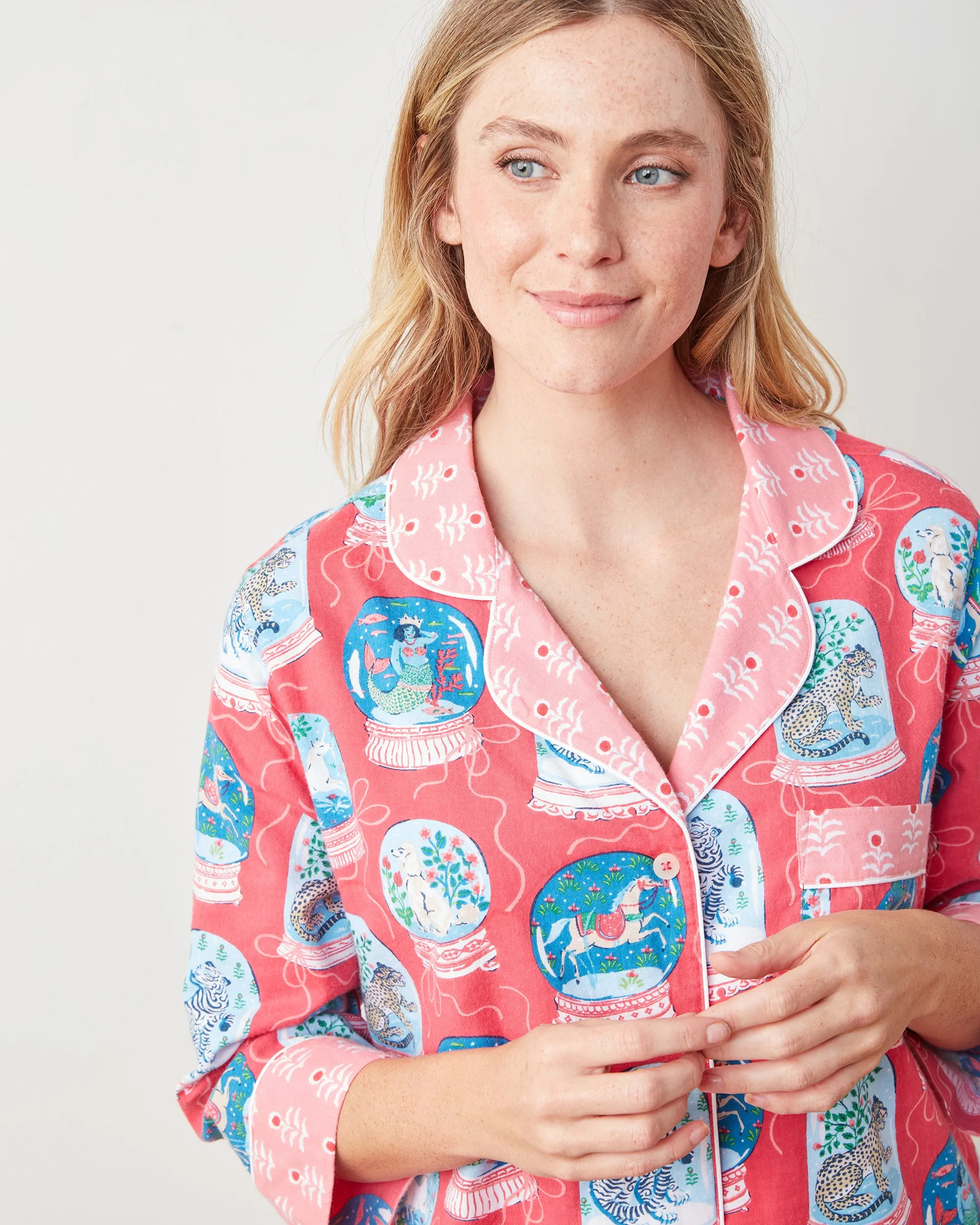 Snow Globe Magic - Lightweight Flannel Sleep Shirt - Red Ribbon