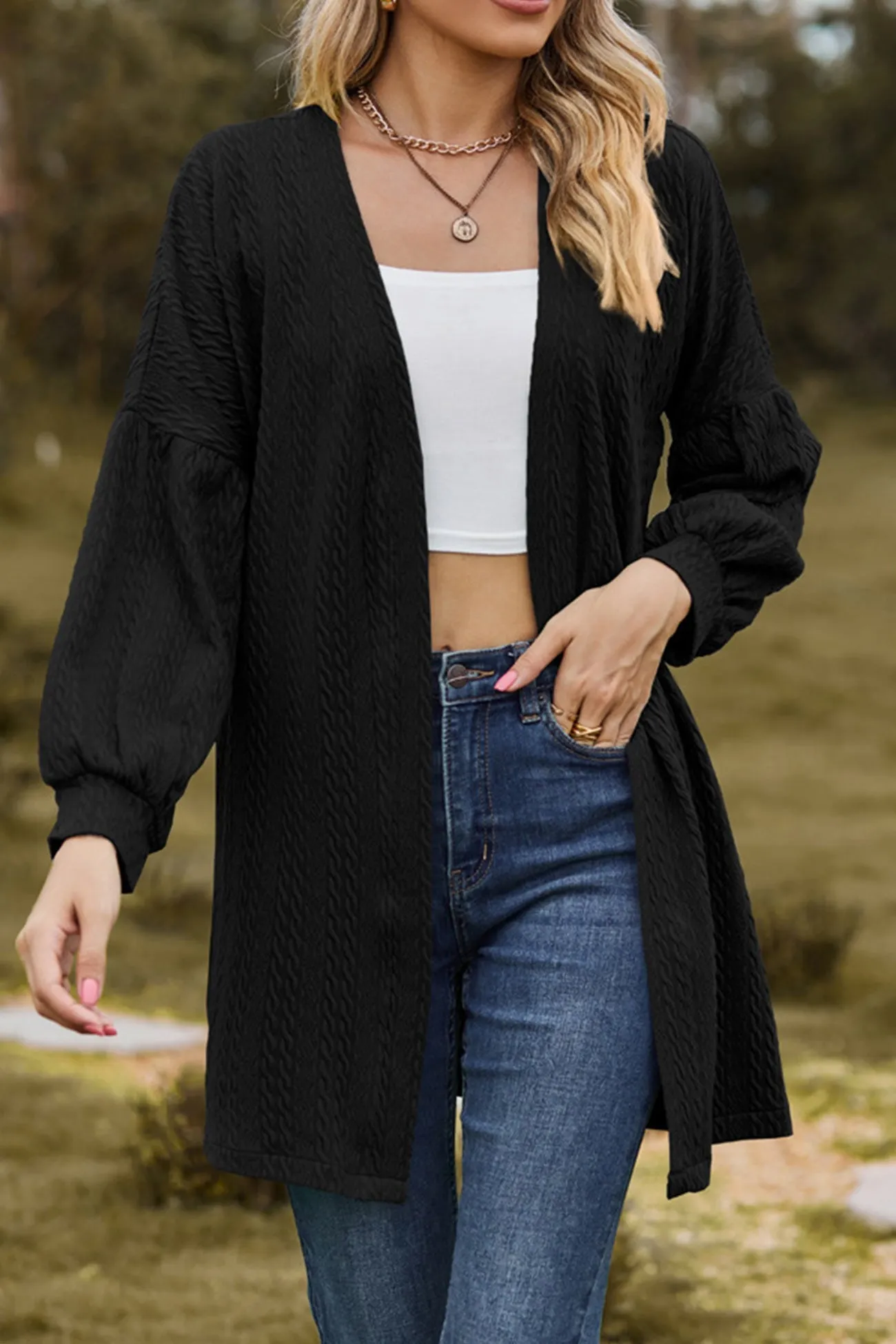 Solid Cable Knit Long Cardigan