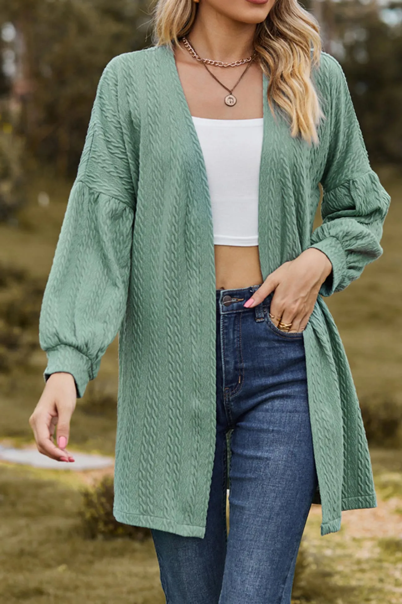 Solid Cable Knit Long Cardigan