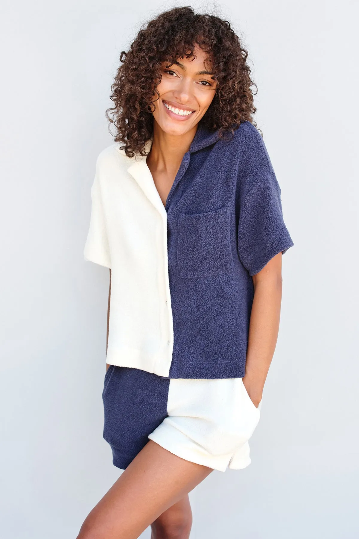 Sundry Sherpa Short Sleeve Button Down in Cream/Navy