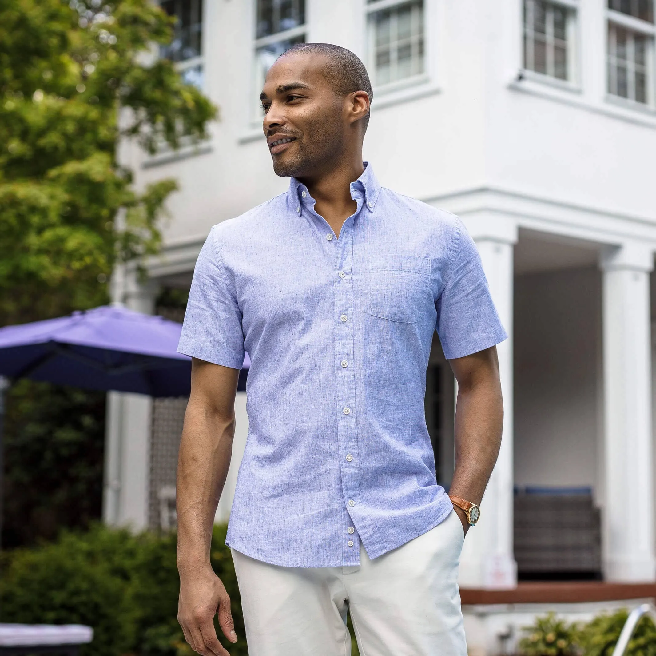The Blue Short Sleeve Barretto Cotton Linen Custom Shirt